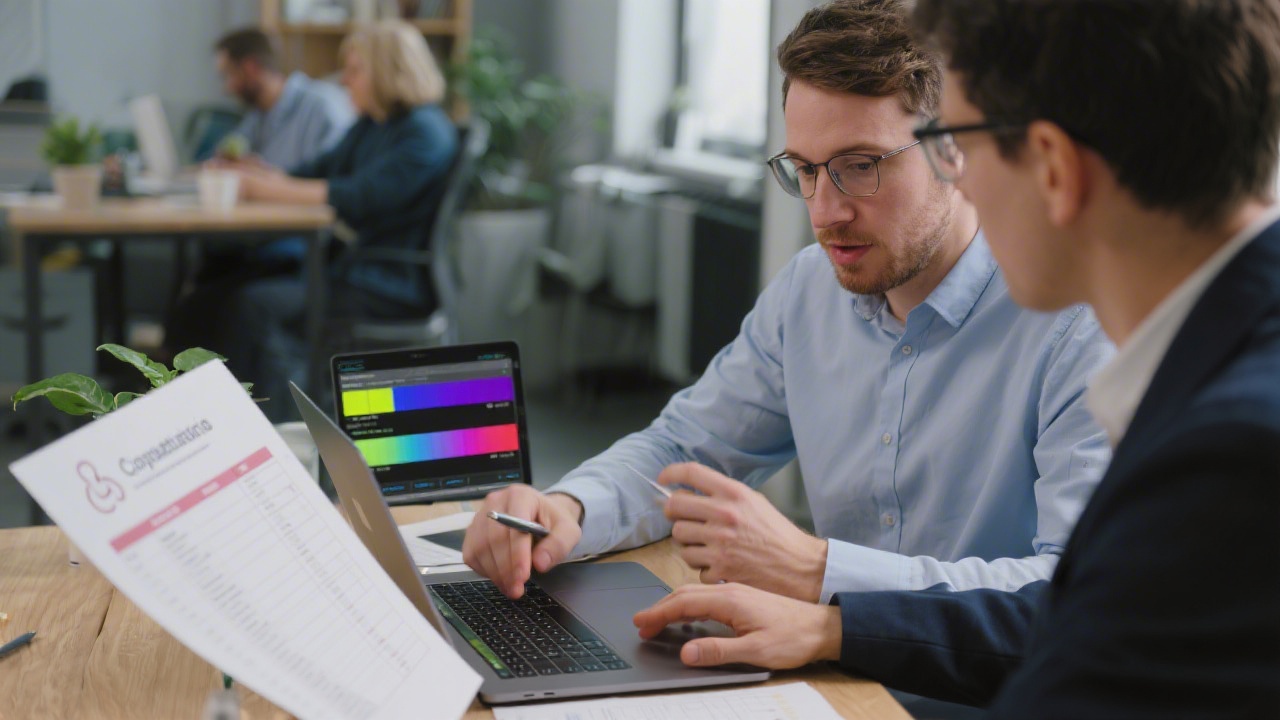 Accessibility specialist reviewing interface contrast ratios on a laptop while checking a printed compliance checklist and discussing improvements with a product team member
