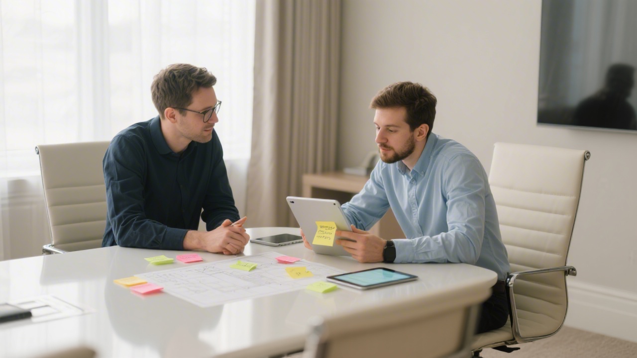 Product owner and ux designer reviewing service blueprint together while referencing sticky notes and a light tablet in an elegant meeting room with soft daylight