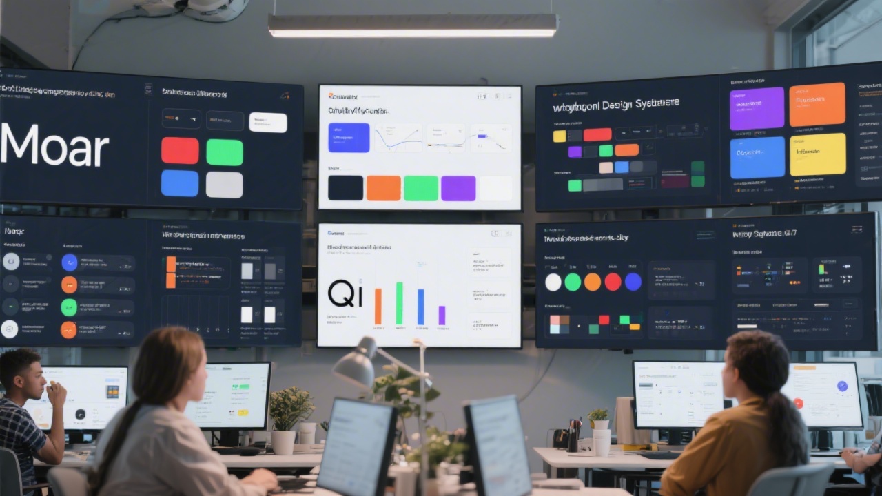 Comprehensive design system displayed across multiple screens showcasing typography, color tokens, components, and interaction guidelines in a collaborative workspace