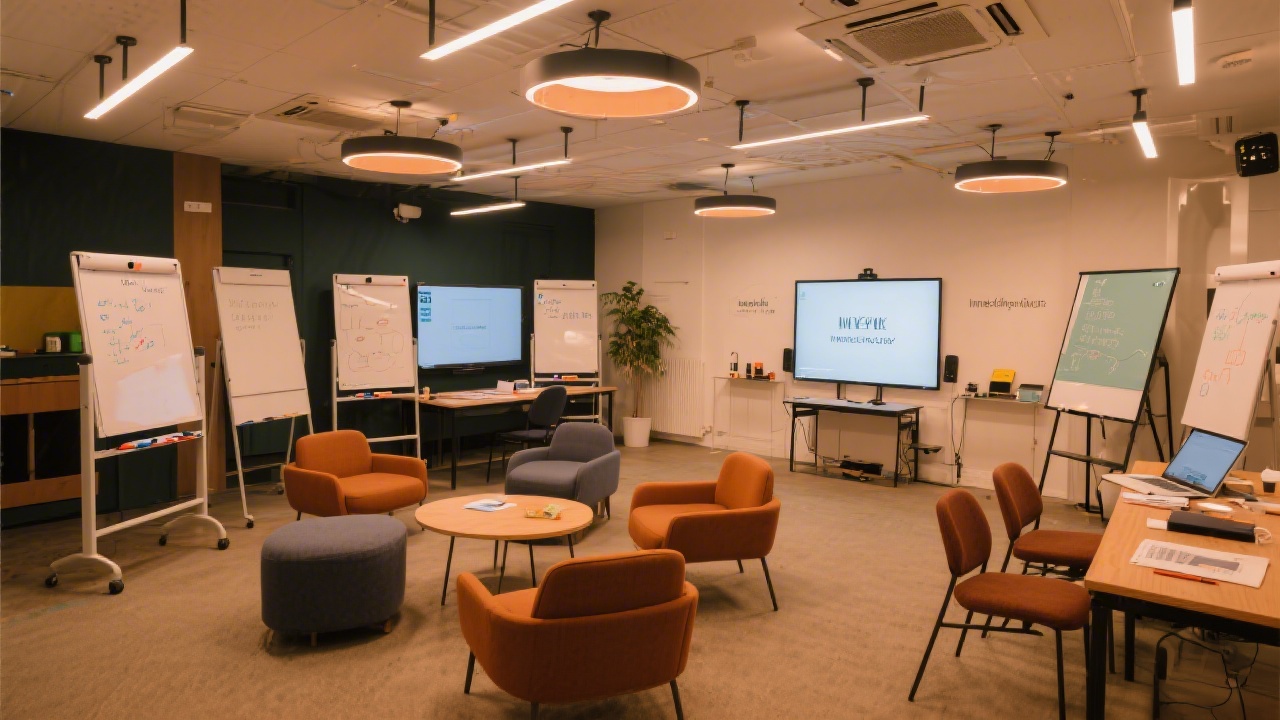 Spacious innovation lab with collaborative seating, digital whiteboards, and warm ambient lighting prepared for strategic client workshops in Paris
