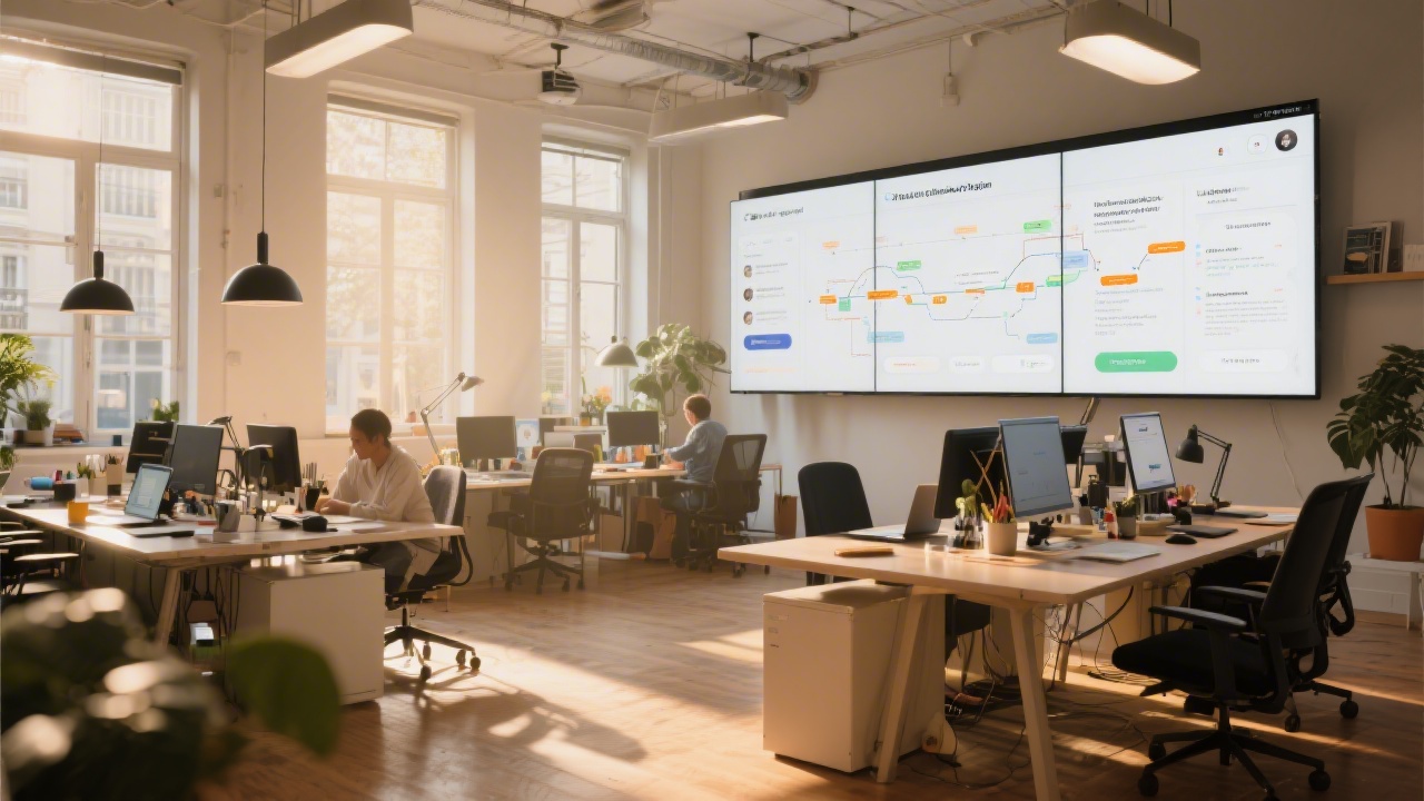 Modern ux design studio in Paris with collaborative workstations, large screens displaying user journeys, and warm natural light accentuating a professional yet creative ambiance