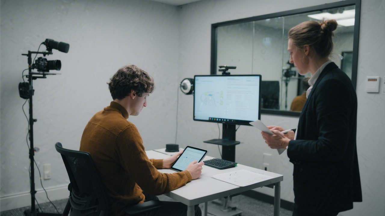 Participant using a tablet while a facilitator observes and annotates usability findings in a dedicated user testing room equipped with cameras and observation mirrors